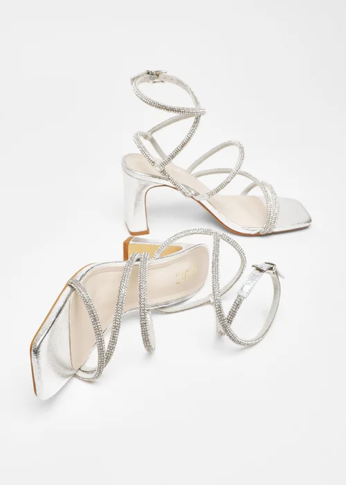 Quiz Silver Diamante Strappy Block Heeled Sandals - 3 Image 2