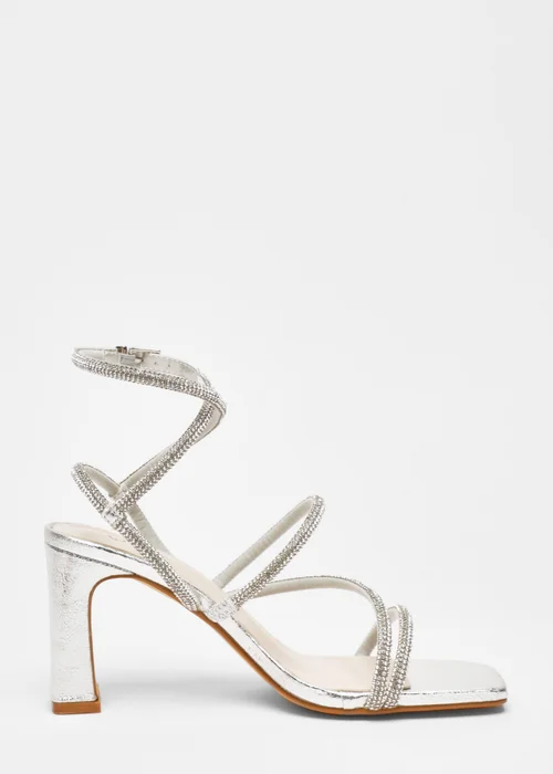 Quiz Silver Diamante Strappy Block Heeled Sandals - 3 Image 5