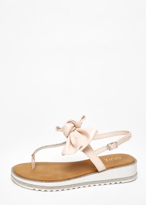 Quiz Pink Faux Leather Bow Flat Sandals - 3 Image 3
