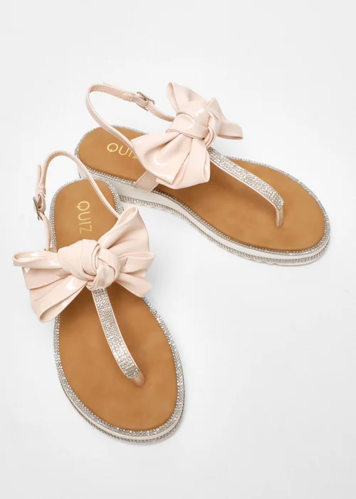 Quiz Pink Faux Leather Bow Flat Sandals - 3 Image 2