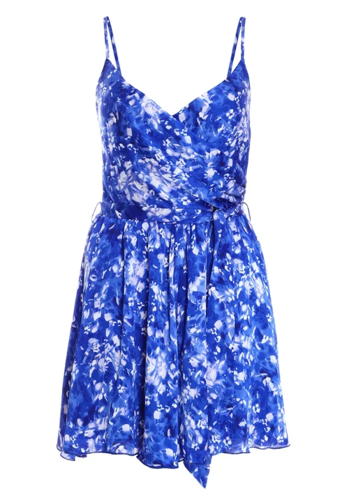 Quiz Blue Ditsy Floral Satin Wrap Playsuit - Size 4 Clothing Image 4
