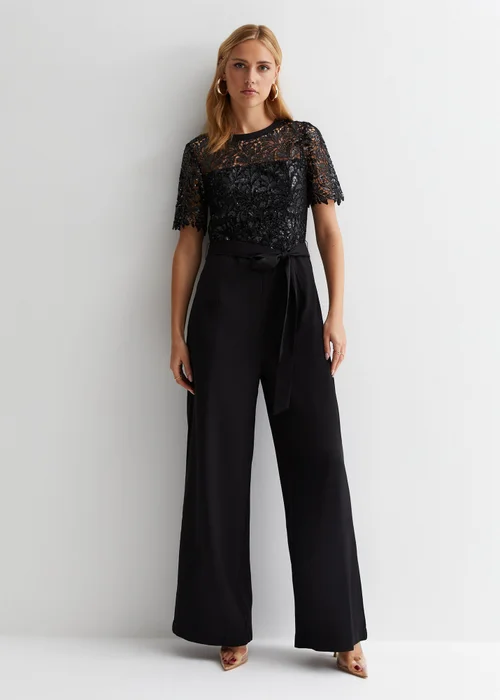 Gini London Black Floral Lace Sequin Belted Occasion Jumpsuit - 8 Image 1