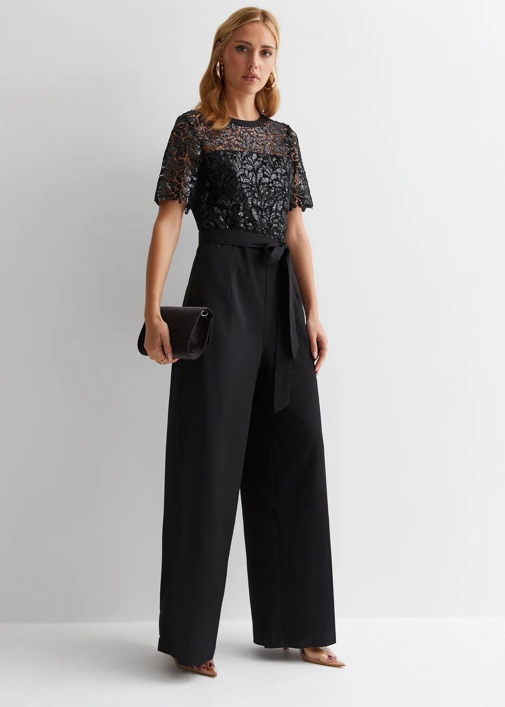 Gini London Black Floral Lace Sequin Belted Occasion Jumpsuit - 8 Image 4
