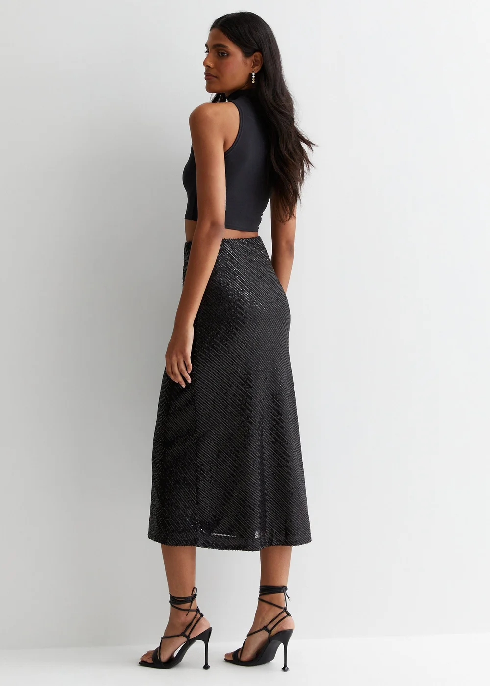 Gini London Black Sequin Bias Midi Skirt - Size 8 Image 2