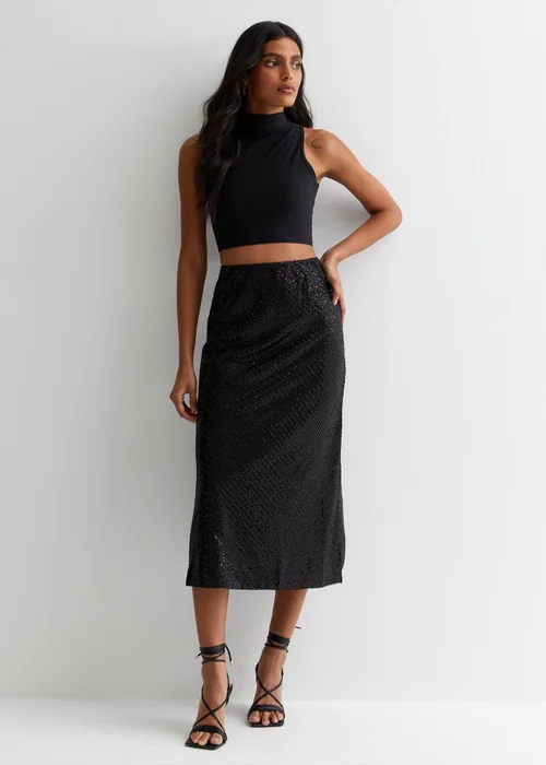 Gini London Black Sequin Bias Midi Skirt - Size 8 Image 4