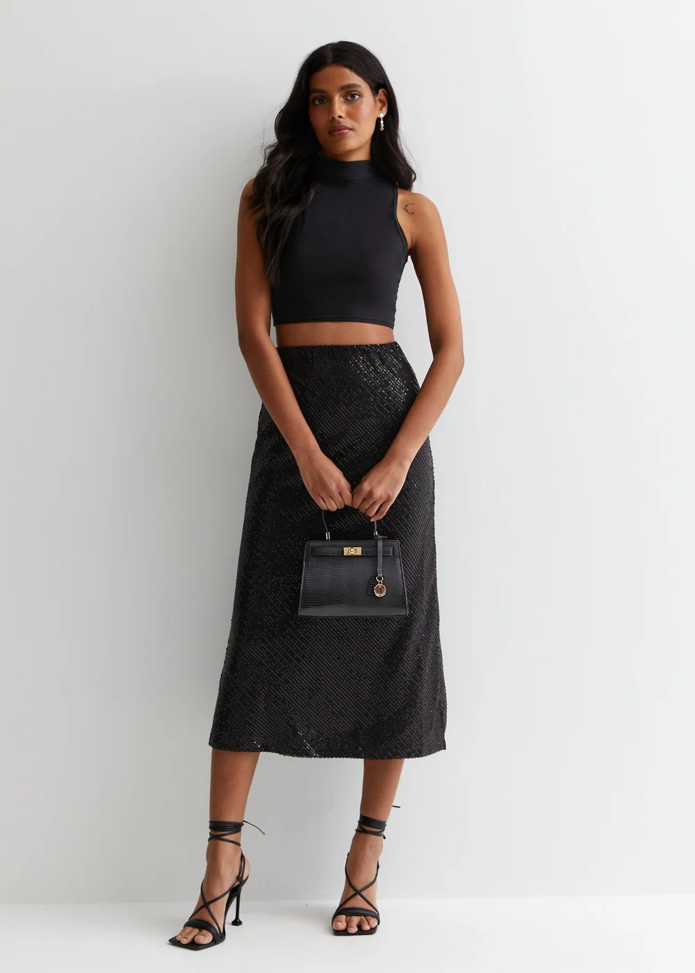 Gini London Black Sequin Bias Midi Skirt - Size 8 Image 1