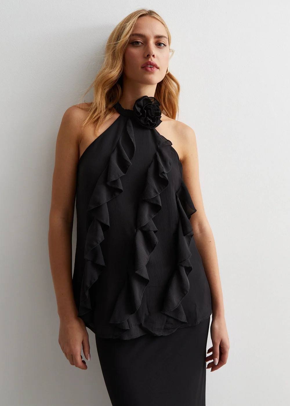 Gini London Black Ruffle Detail Halter Neck Top - S/M Image 1