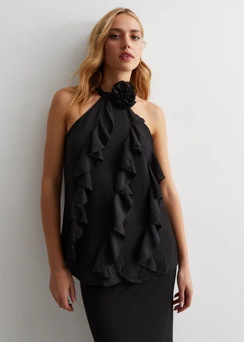 Gini London Black Ruffle Detail Halter Neck Top - S/M Image 1