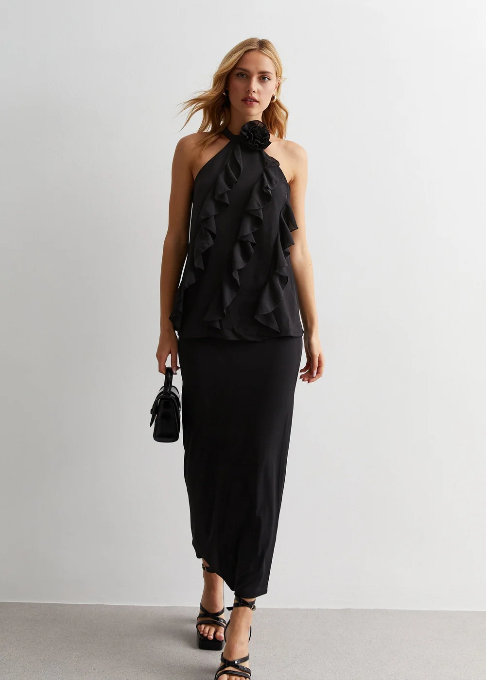 Gini London Black Ruffle Detail Halter Neck Top - S/M Image 4