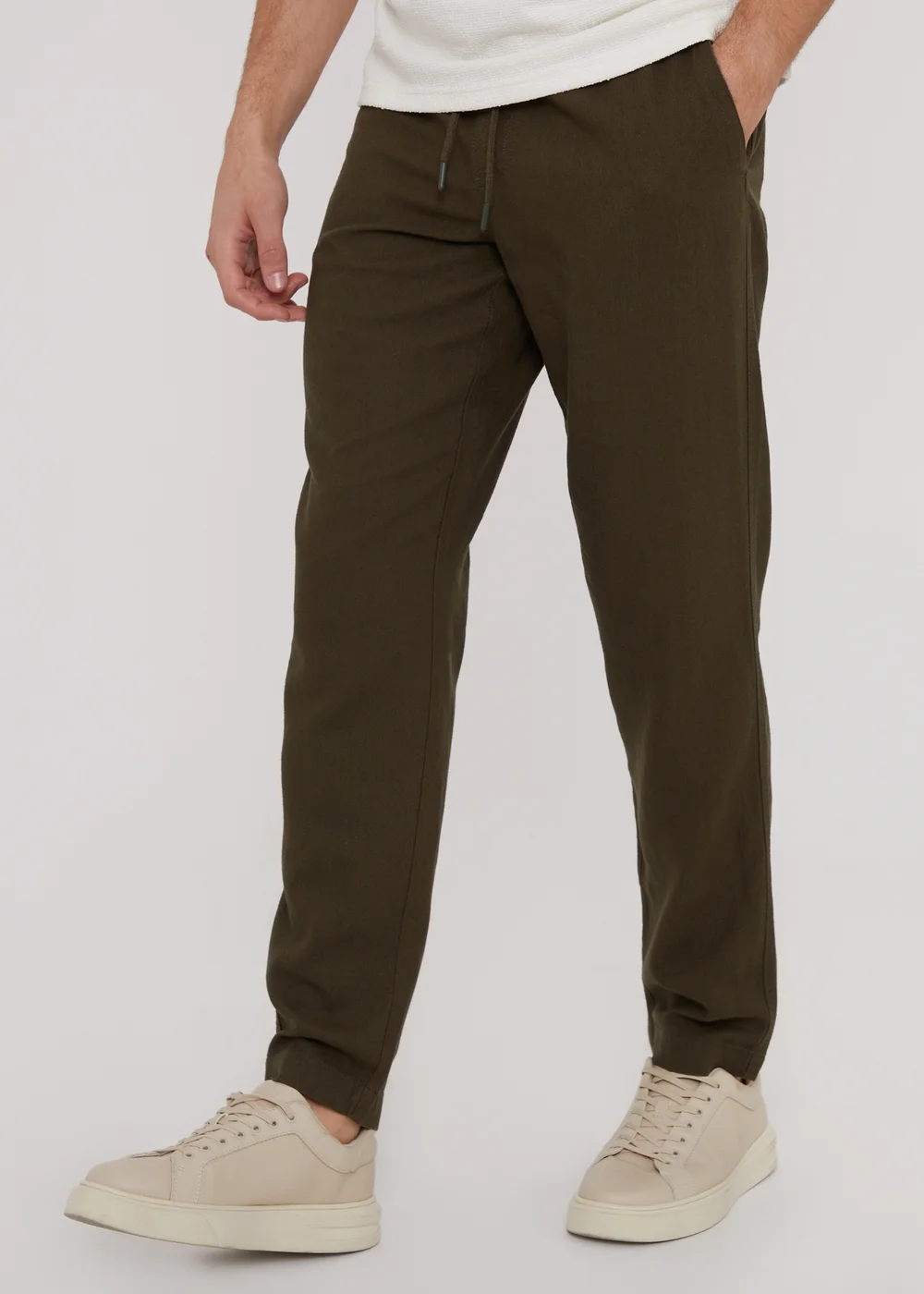 Threadbare Khaki Linen Blend Drawcord Trousers - 2XL Image 1