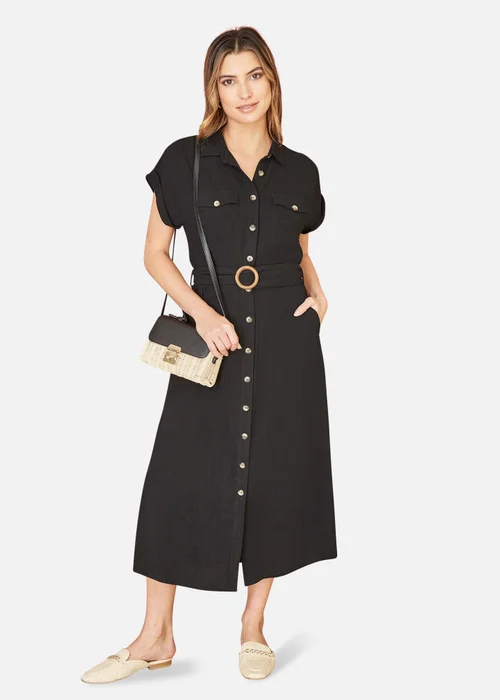 Yumi Black Viscose Linen Look Midi Shirt Dress With Wooden Belt - 8 Image 1
