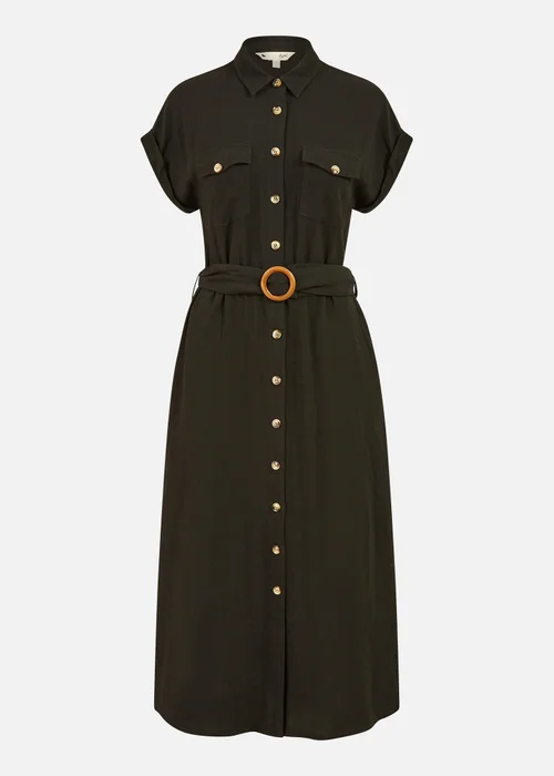 Yumi Black Viscose Linen Look Midi Shirt Dress With Wooden Belt - 8 Image 3