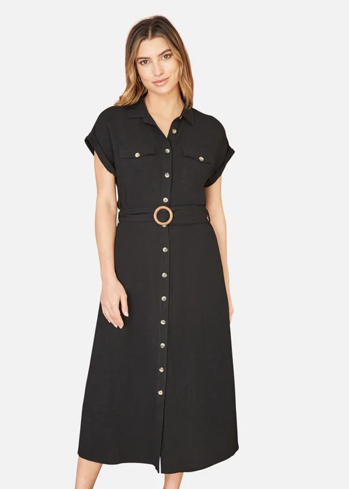 Yumi Black Viscose Linen Look Midi Shirt Dress With Wooden Belt - 8 Image 2