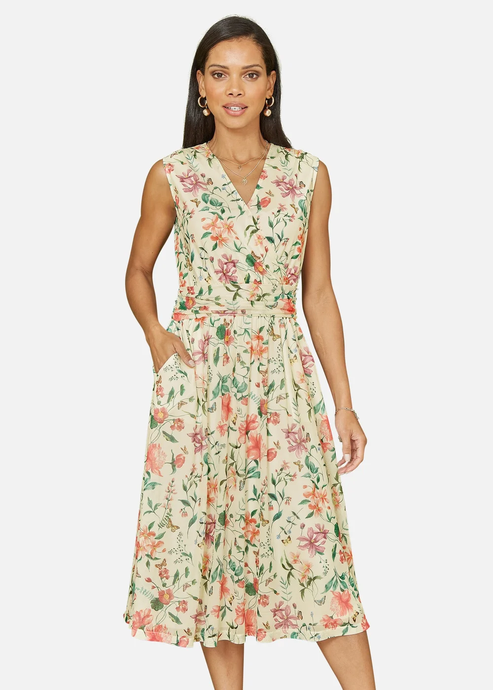 Yumi Ivory Floral Print Mesh Stretch Midi Dress With Pockets - 8 Image 2