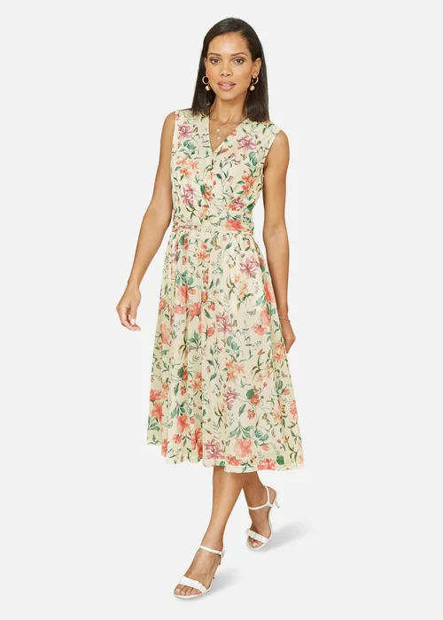 Yumi Ivory Floral Print Mesh Stretch Midi Dress With Pockets - 8 Image 1