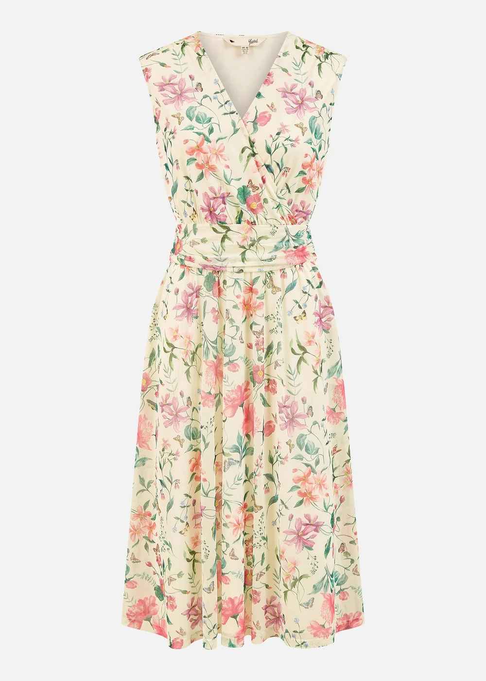 Yumi Ivory Floral Print Mesh Stretch Midi Dress With Pockets - 8 Image 3