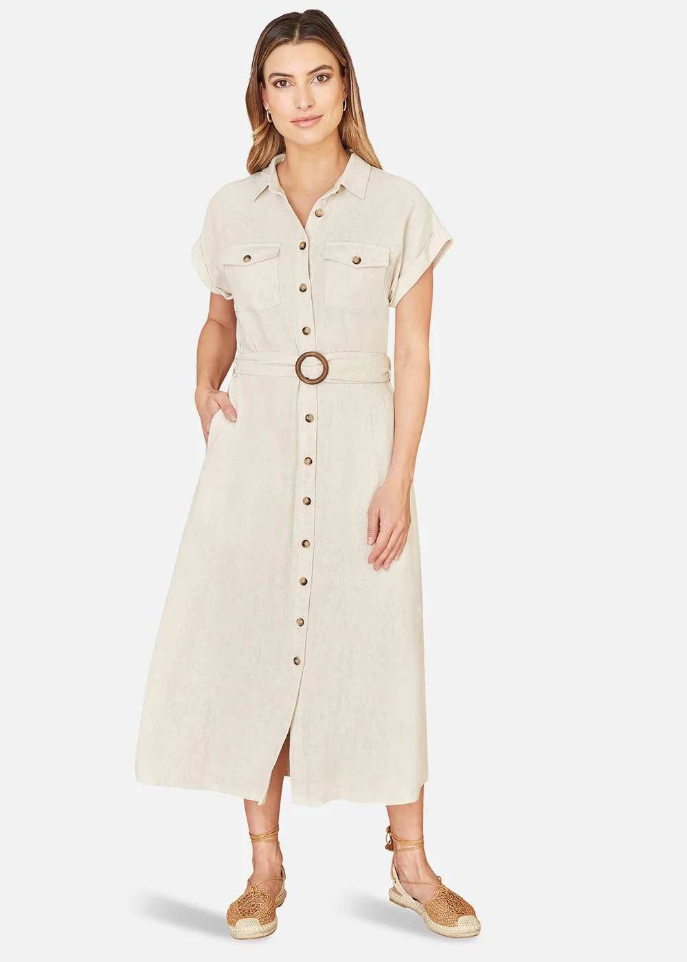 Yumi Stone Viscose Linen Look Midi Shirt Dress With Wooden Belt - 14 Image 1