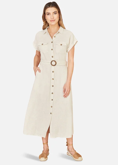 Yumi Stone Viscose Linen Look Midi Shirt Dress With Wooden Belt - 14 Image 1