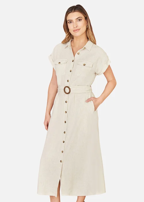 Yumi Stone Viscose Linen Look Midi Shirt Dress With Wooden Belt - 14 Image 2