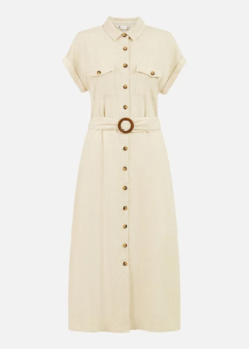 Yumi Stone Viscose Linen Look Midi Shirt Dress With Wooden Belt - 14 Image 3