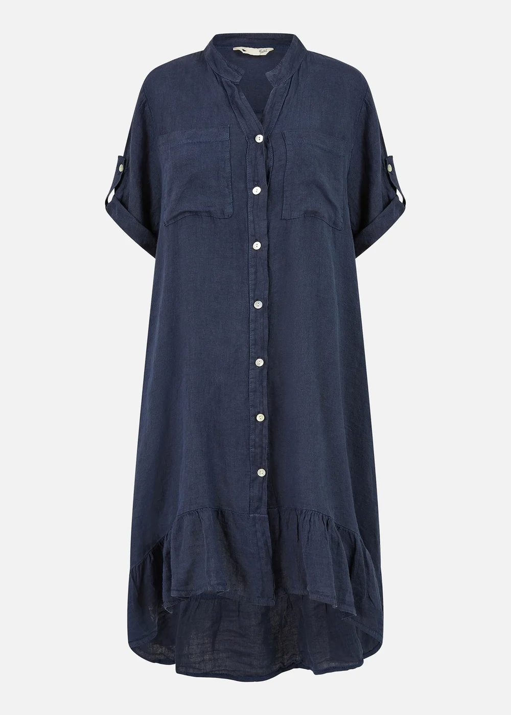 Yumi Navy Italian Linen Shirt Dress With Frill Hem - S Image 3