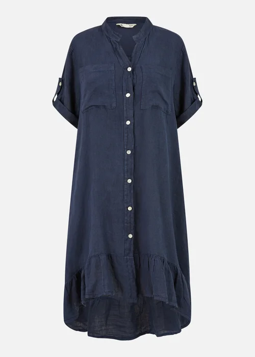 Yumi Navy Italian Linen Shirt Dress With Frill Hem - S Image 3
