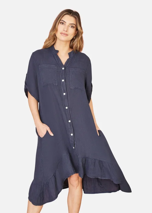 Yumi Navy Italian Linen Shirt Dress With Frill Hem - S Image 2