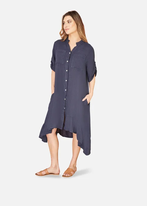 Yumi Navy Italian Linen Shirt Dress With Frill Hem - S Image 1