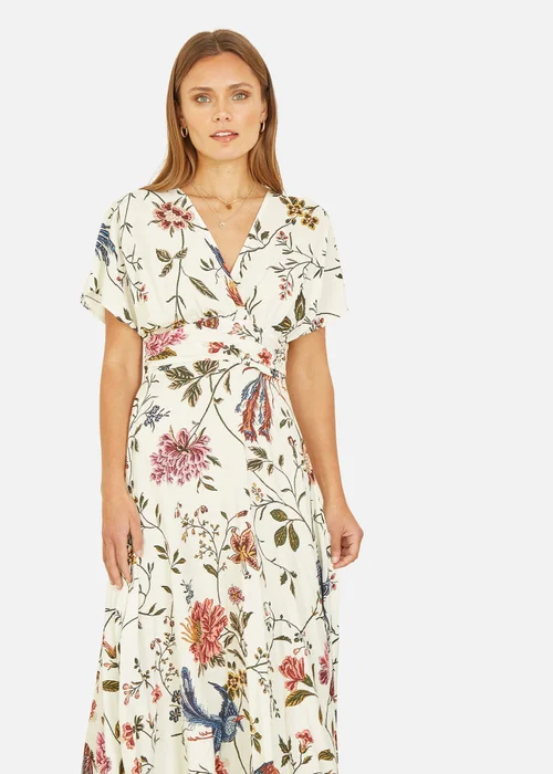 Yumi Ivory Bird and Floral Print Ruched Waist Kimono Midi Dress - 8 Image 2