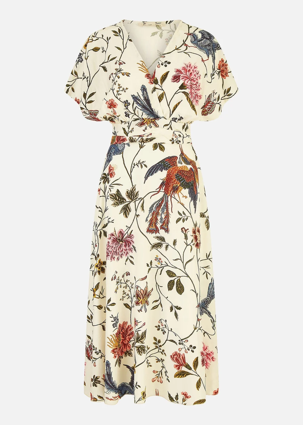 Yumi Ivory Bird and Floral Print Ruched Waist Kimono Midi Dress - 8 Image 3