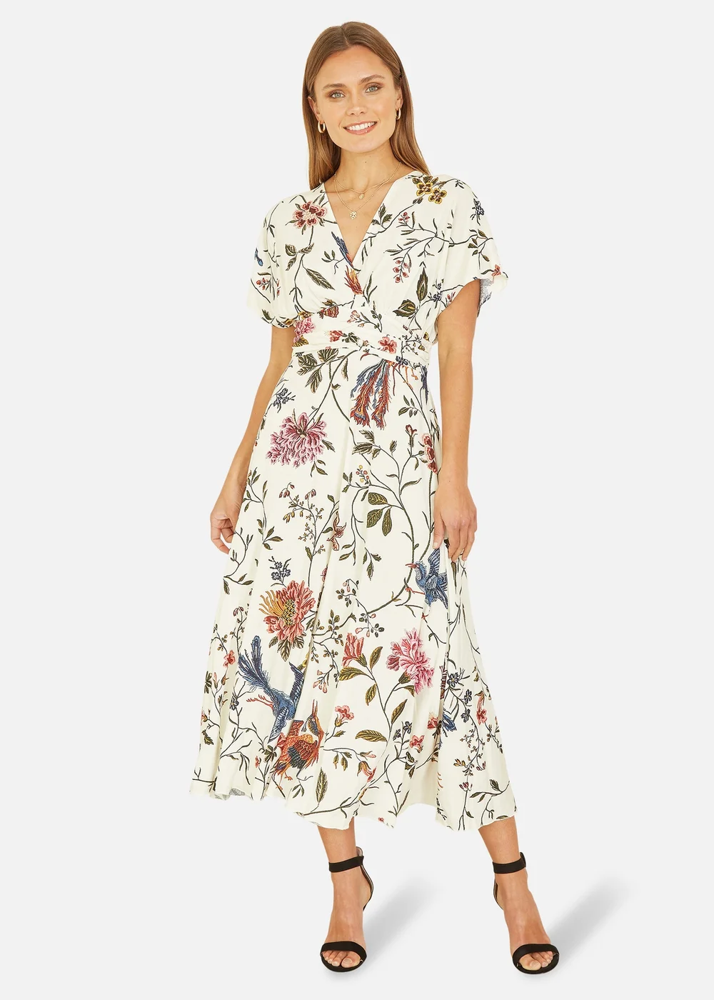 Yumi Ivory Bird and Floral Print Ruched Waist Kimono Midi Dress - 8 Image 1