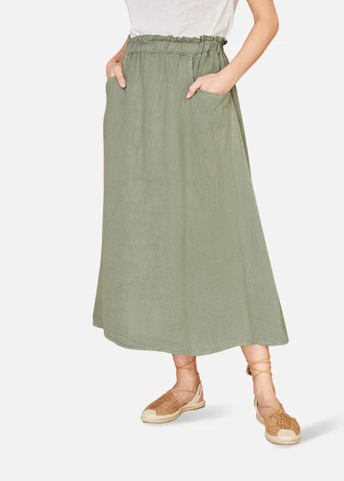 Yumi Khaki Italian Linen Midi Skirt With Pockets - S Image 2