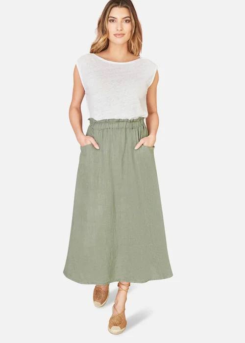 Yumi Khaki Italian Linen Midi Skirt With Pockets - S Image 1