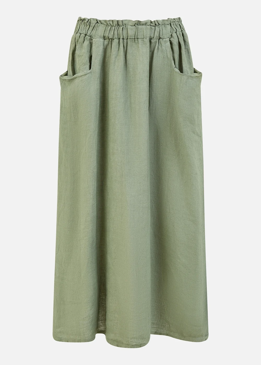 Yumi Khaki Italian Linen Midi Skirt With Pockets - S Image 3