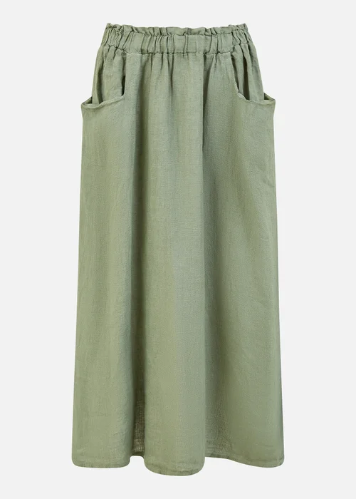 Yumi Khaki Italian Linen Midi Skirt With Pockets - S Image 3