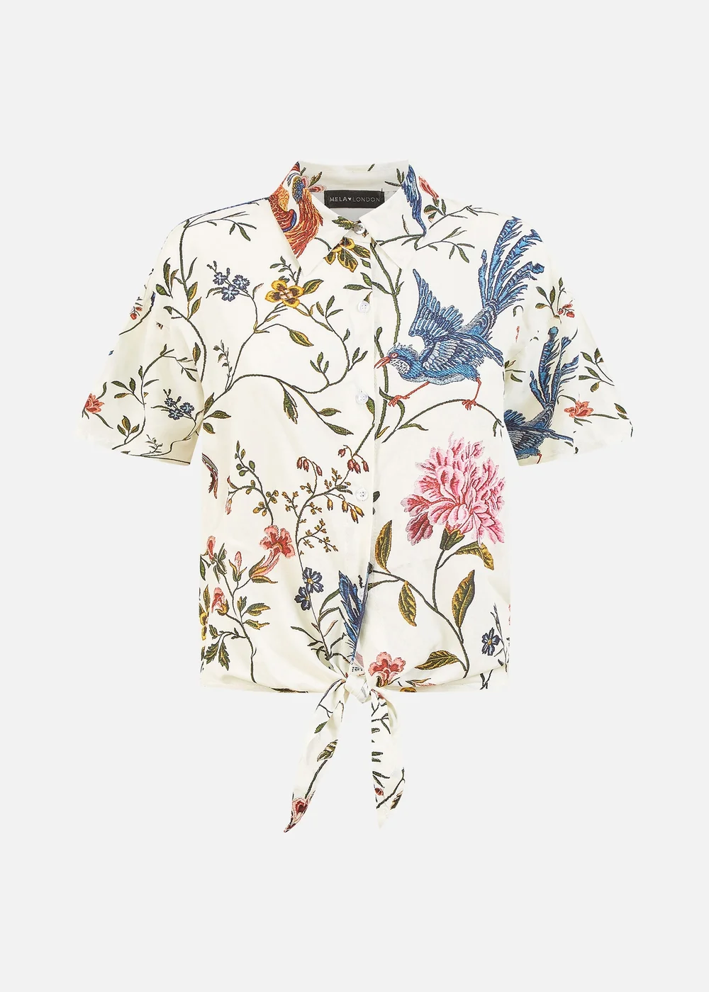 Yumi White Viscose Bird And Floral Print Tie Front Shirt - 8 Image 3