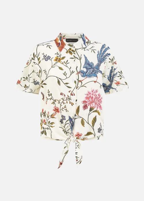 Yumi White Viscose Bird And Floral Print Tie Front Shirt - 8 Image 3