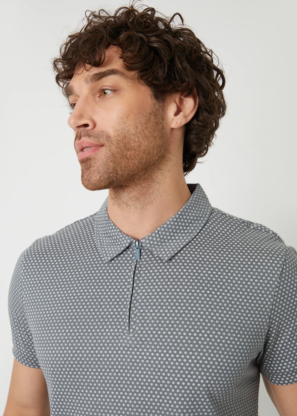 Threadbare Dark Grey Dion Geometric Print Zip Collar Jersey Polo Shirt - S Image 3