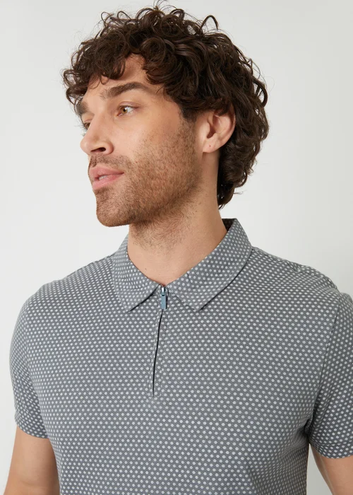Threadbare Dark Grey Dion Geometric Print Zip Collar Jersey Polo Shirt - S Image 3