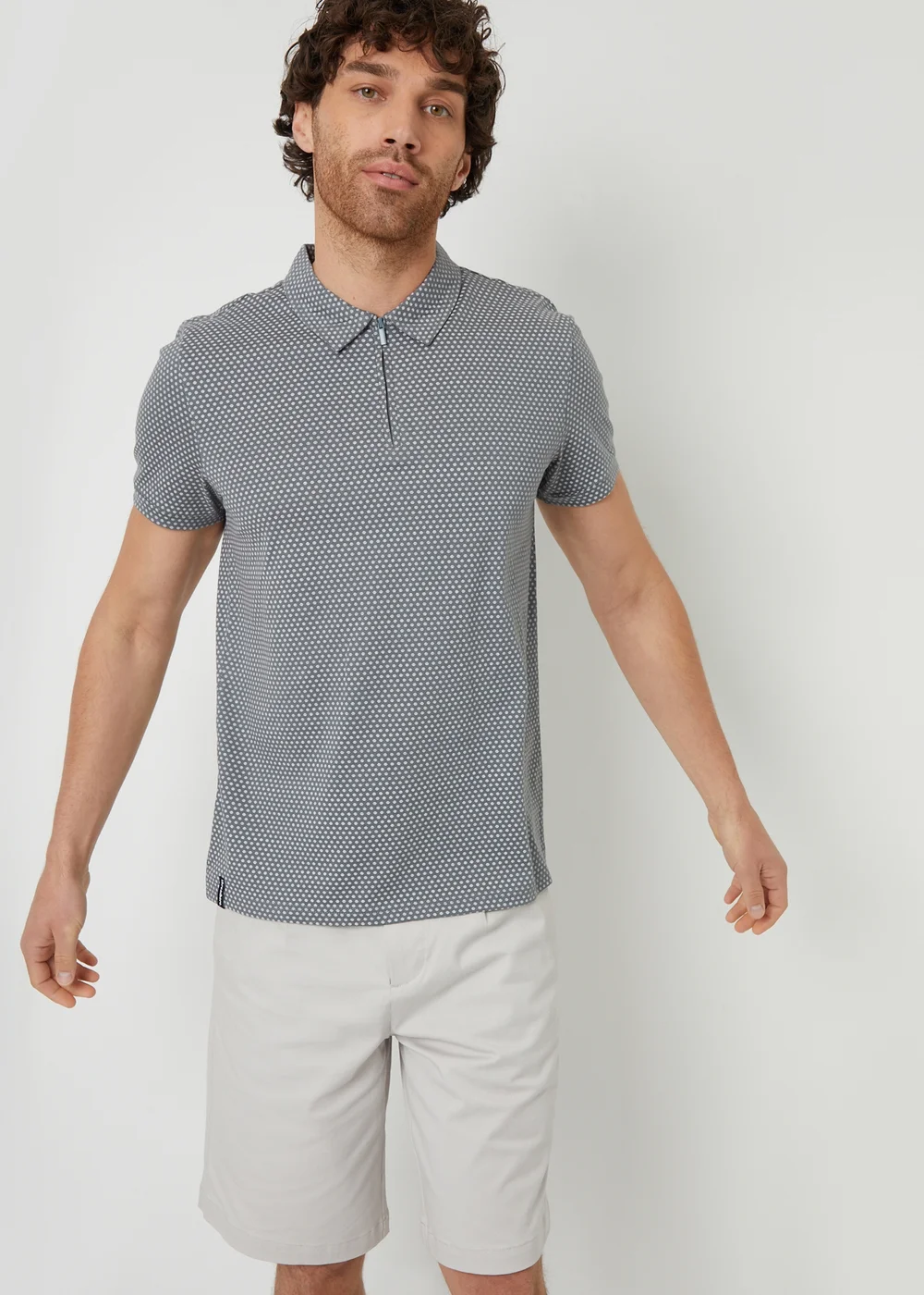 Threadbare Dark Grey Dion Geometric Print Zip Collar Jersey Polo Shirt - S Image 1