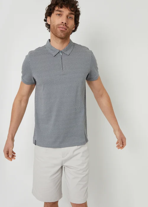 Threadbare Dark Grey Dion Geometric Print Zip Collar Jersey Polo Shirt - S Image 1