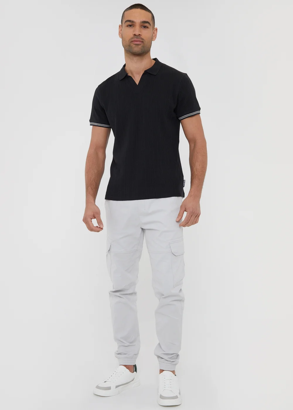 Threadbare Black Textured Knit Open Collar Polo Shirt - S Image 4
