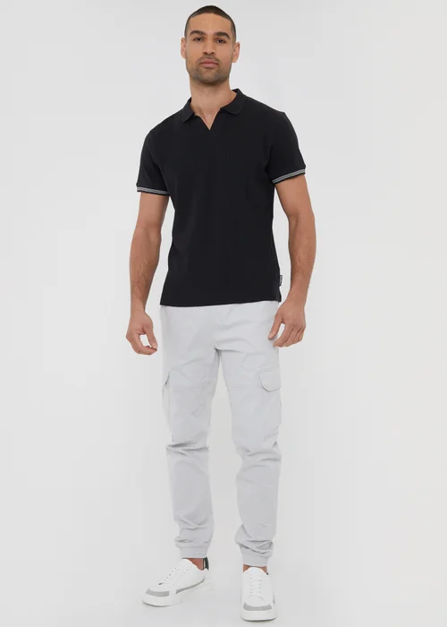 Threadbare Black Textured Knit Open Collar Polo Shirt - S Image 4