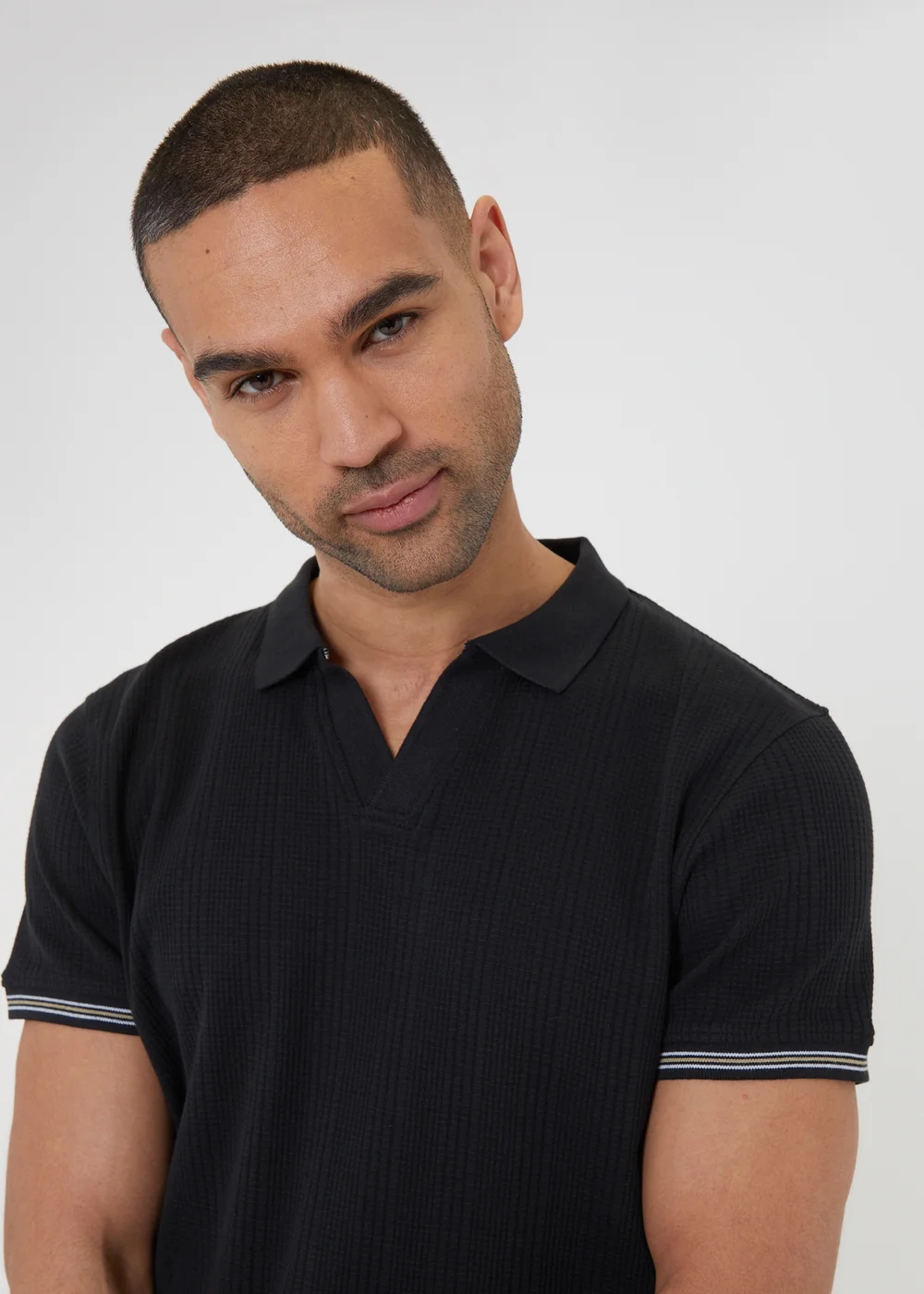 Threadbare Black Textured Knit Open Collar Polo Shirt - S Image 3