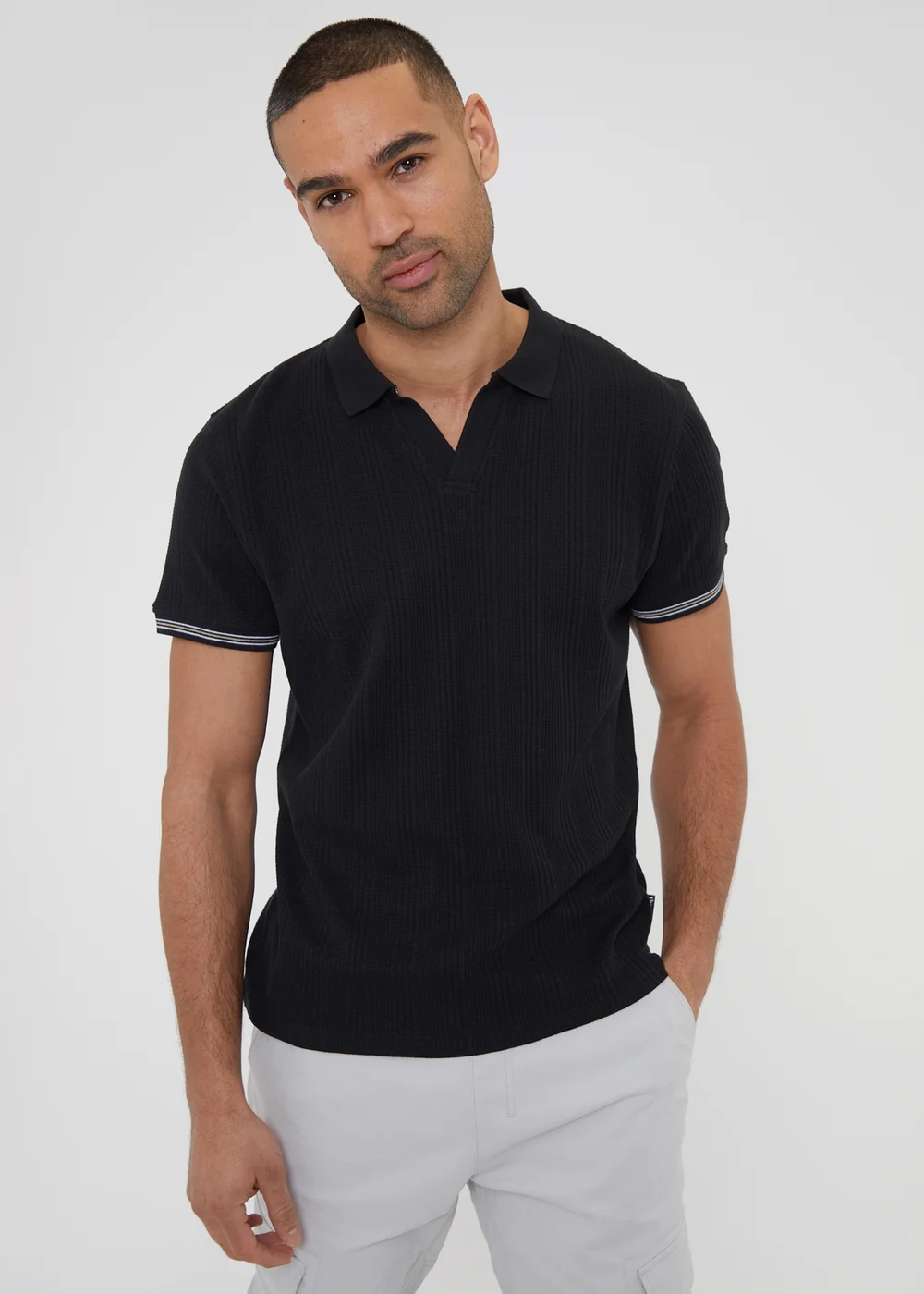 Threadbare Black Textured Knit Open Collar Polo Shirt - S Image 1