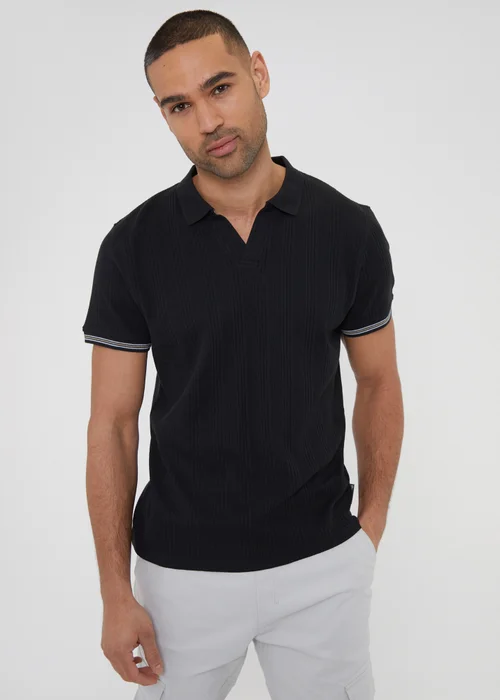 Threadbare Black Textured Knit Open Collar Polo Shirt - S Image 1