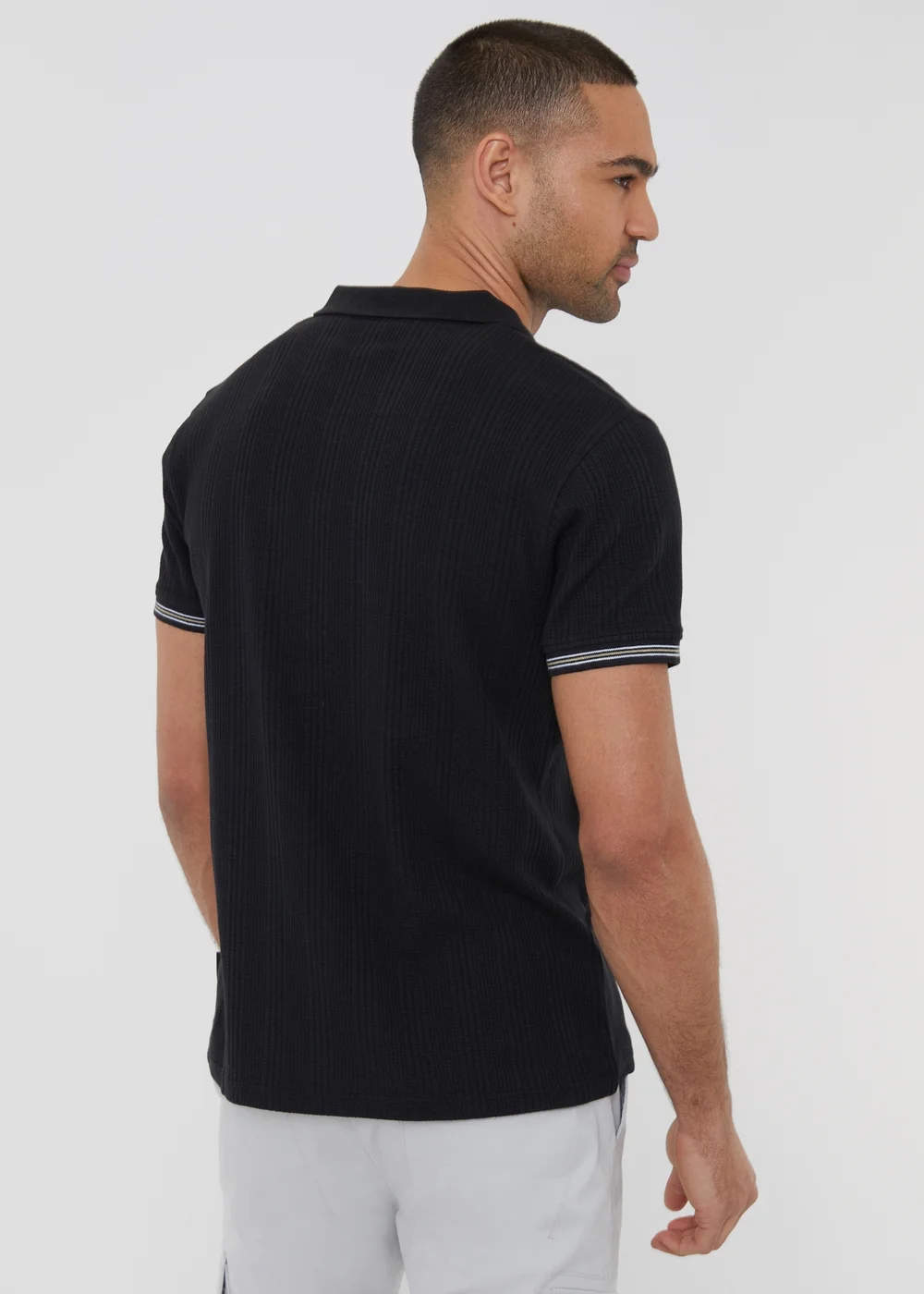 Threadbare Black Textured Knit Open Collar Polo Shirt - S Image 2