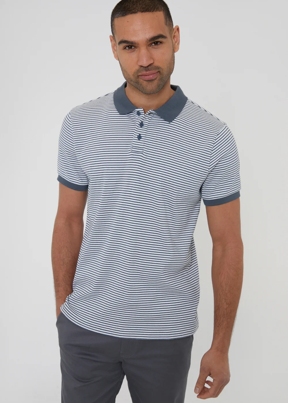 Threadbare Blue Stretch Cotton Contrast Collar Stripe Polo Shirt - S Image 1