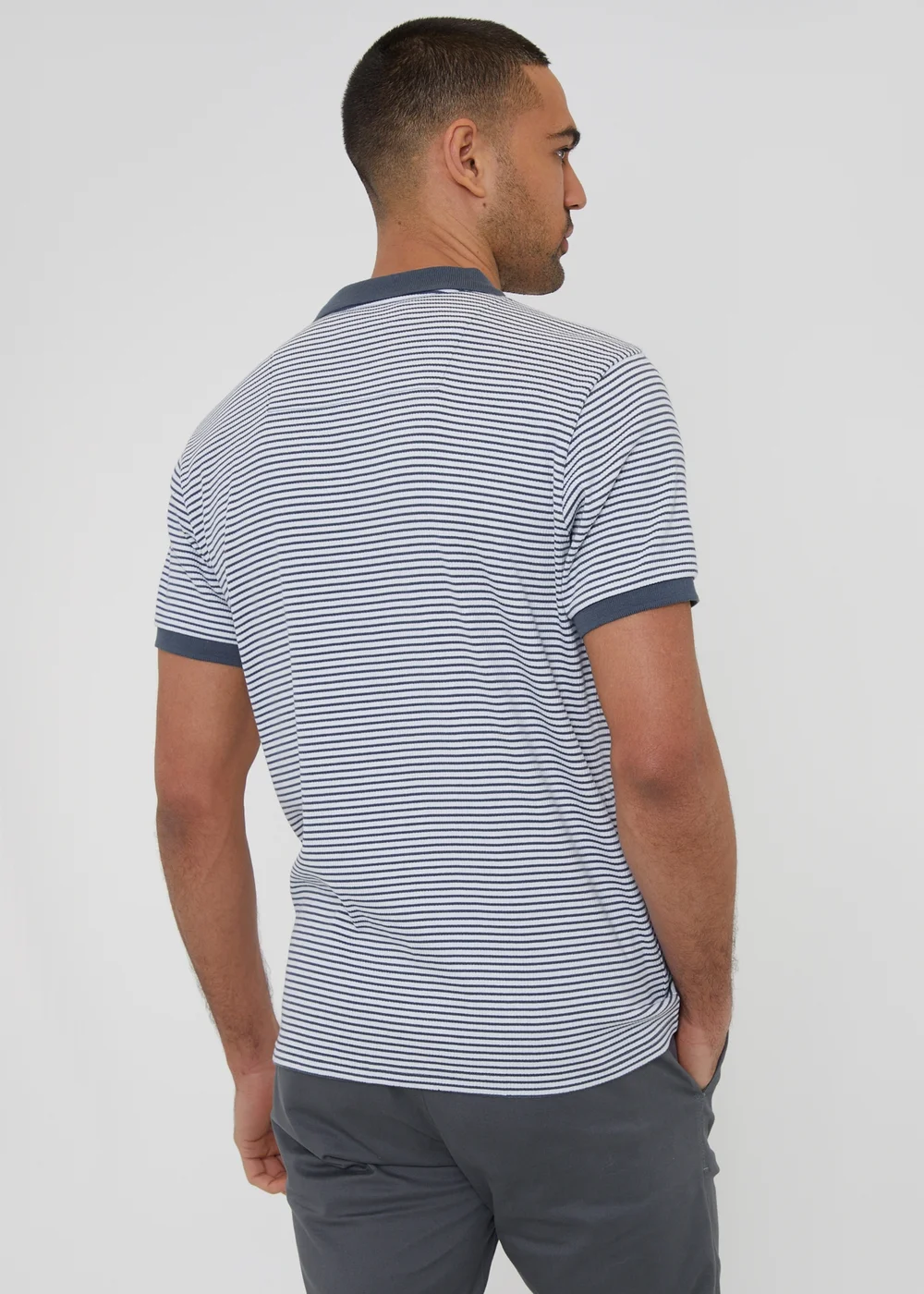Threadbare Blue Stretch Cotton Contrast Collar Stripe Polo Shirt - S Image 2