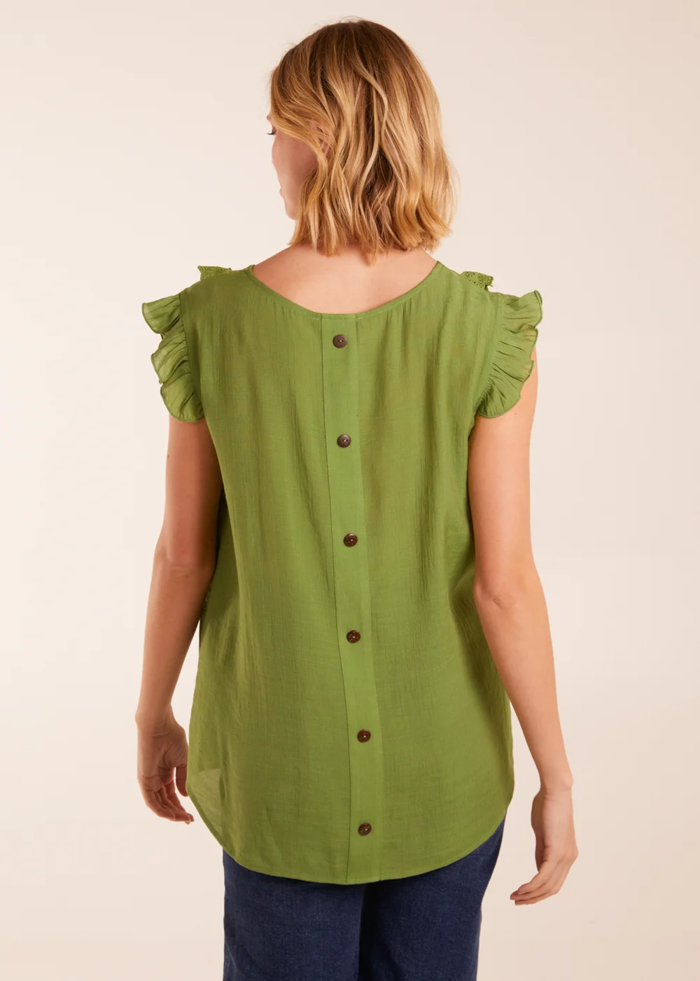Blue Vanilla Green Button Back Frill Top - S Image 2